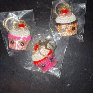 Set of 3 Sparkling Cupcake Keychain Charms - Pink, White, Gold Accent